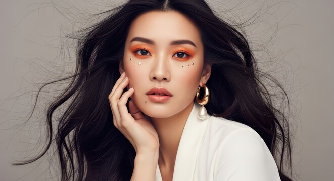 Beautiful Asian Woman with Long Wind-Blown Hair, Orange Eyeshadow, and Pearl Earrings in a Fashion Portrait