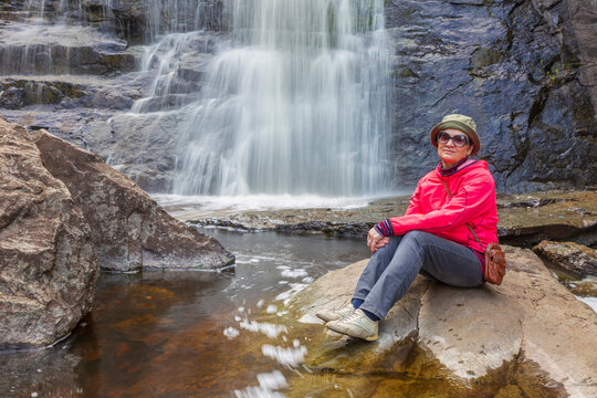 Gadelsha waterfall is the largest waterfall in the Southern Urals on a summer sunny day