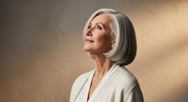 Elegant Senior Woman with Stylish Grey Bob Haircut Looking Upwards with Serene Expression and Hopeful Smile