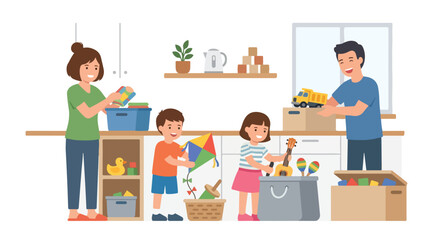 A happy family of four works together in a bright kitchen to organize toys and clothes into various storage bins and cardboard boxes.