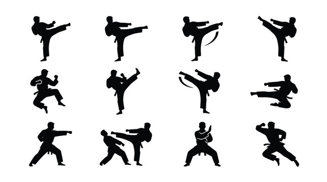 Set of karate and martial arts fighter vector icons isolated on white background. Taekwondo, judo, kickboxing, and kung fu silhouettes for sports and combat training design.