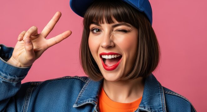 Happy Young Woman with Bob Haircut Winking and Showing Peace Sign Gesture on Pink Background