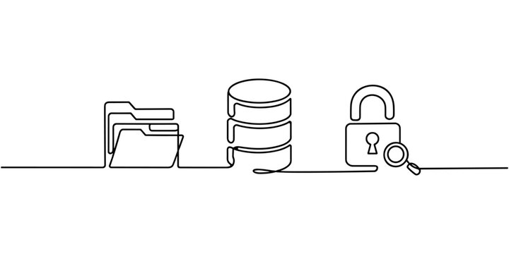 Secure Digital Records Archive Continuous One Line Drawing with Folders Database Lock and Search Icon