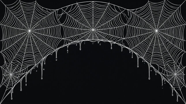 White spider webs arching over black background with dripping droplets, Halloween or horror themed decorative design