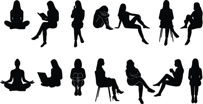 Sitting women vector silhouettes set featuring diverse female poses meditating working reading and relaxing isolated on white background.