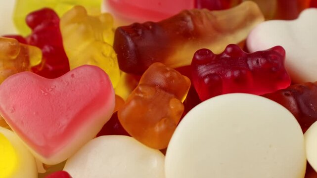 Assorted colorful gummy jelly candies circle rotation close up