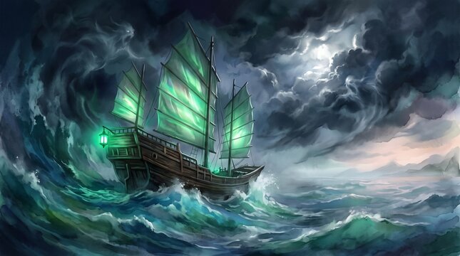 Ghostly pirate ship with glowing green sails, phantom junk boat sailing on stormy ocean, supernatural vessel in dark moonlit sea