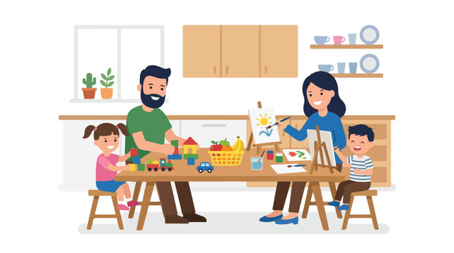 A happy family of four engages in creative play and painting together at a large wooden table in their bright, modern kitchen setting.