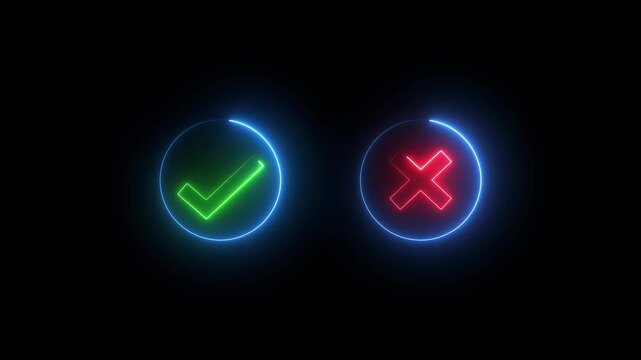glowing neon Tick or check mark icon. right and wrong animated neon icons, False and true. Correct and incorrect, "Minimal neon Check Mark and Cross Icon