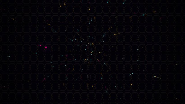 Glowing cyan light beams crossing over a complex dark grid pattern with scattered colorful particle nodes