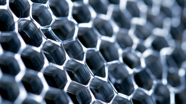 Close up of shiny silver metallic honeycomb pattern structure