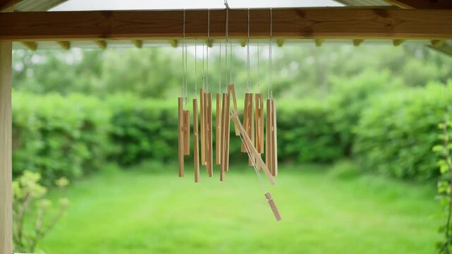 Wooden wind chimes hanging outdoors. Rustic garden decor with natural bamboo sticks.