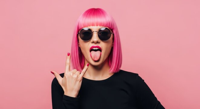 Trendy Woman with Pink Bob Hair and Sunglasses Making Rock Hand Gesture Sticking Tongue Out on Pink Background