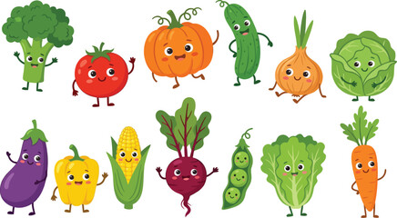 Naklejka premium World Vegan Day Cute Cartoon Vegetable Character Collection Illustrative Editorial Vector