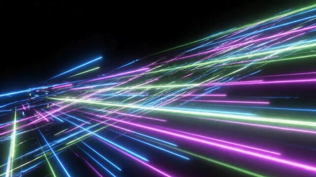 Abstract Glowing Neon Light Streaks Moving Diagonally on Black Motion Background