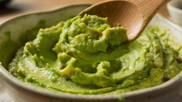 Fresh homemade guacamole in a bowl with wooden spoon ready to serve healthy Mexican avocado dip
