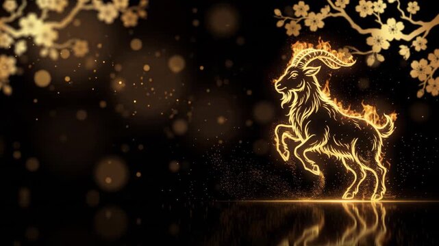 Happy Chinese New Year 2027 with a shining golden fire goat symbol with gold cherry blossom branches and flowers on a festive black background, astrological banner with space for text