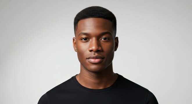 Portrait of a Confident Young African American Man in a Black T-Shirt Against a Neutral Gray Studio Background