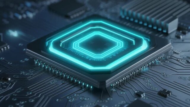 Close up of futuristic glowing microchip on high tech motherboard with digital circuit background