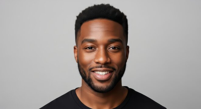 Portrait of a Handsome Young Black Man Smiling Confidently Against a Neutral Gray Background