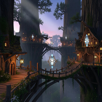 enchanted treehouse village at twilight with glowing crystals and wooden bridges in a mystical forest