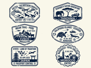 Obraz premium Vintage World Travel Passport Stamp Badge Set with Exotic Landmark and Wildlife Emblems Monochrome Vector Illustration