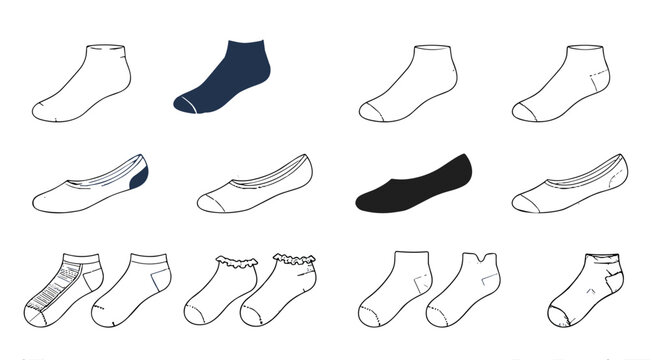 Ankle low cut and invisible no show liner socks vector flat sketch icons collection isolated on white background apparel template