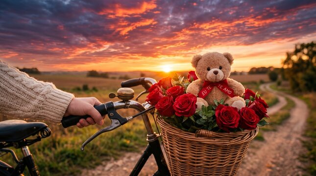 Romantic vintage bicycle with teddy bear and red roses in basket, sunset countryside landscape, valentines day surprise gift concept