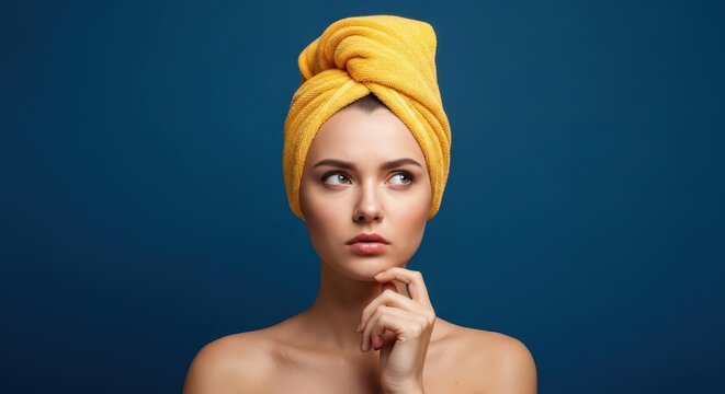 Beautiful Young Woman with Yellow Towel on Head Thinking and Looking Aside on Blue Background