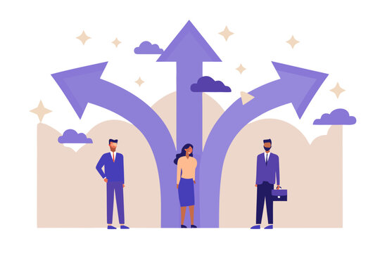 business team standing at crossroads with purple arrows vector illustration people choices decision making career path opportunity growth success teamwork collaboration professional workplace