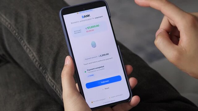 A user authorizes a 3,250 USD payment through a secure banking app using fingerprint verification. The interface transitions from an idle state to a processing scan, concluding with a successful
