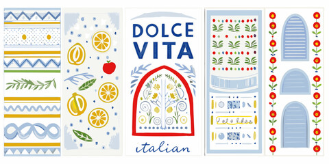dolce vita italian lifestyle illustrations with colorful patterns and motifs lemons flowers doors windows stripes dots vector artwork design culture travel holiday summer © Tapas