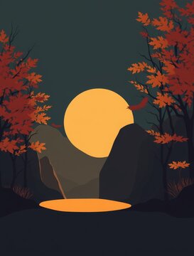 Mond geht hinter einer herbstlichen Berglandschaft unter, Illustration