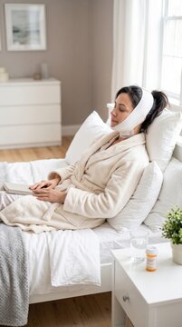 Woman wearing compression garment on face resting in bed after plastic surgery. Patient recovering from chin liposuction or facelift. Healthcare, medical procedure, aesthetic medicine.