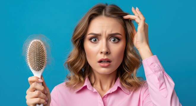 Shocked Young Woman Holding Hairbrush with Fallen Hair Strands, Hair Loss and Alopecia Concept on Blue Background