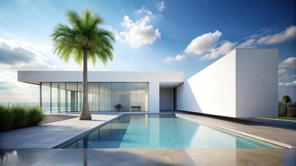 Fototapeta premium Modern Minimalist Residence with Swimming Pool and Lush Tropical Landscaping Under a Clear Blue Sky