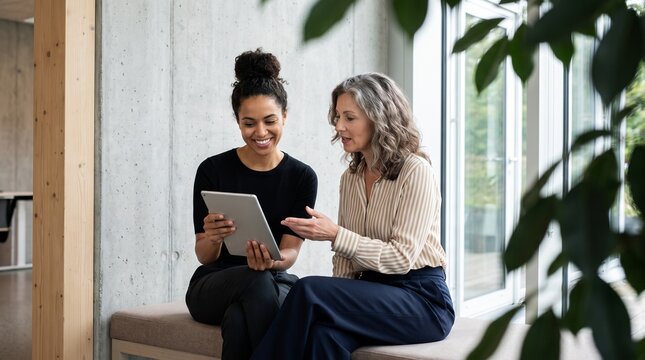 Two Diverse Professional Women Collaborating on a Digital Tablet During a Modern Office Consultation Session