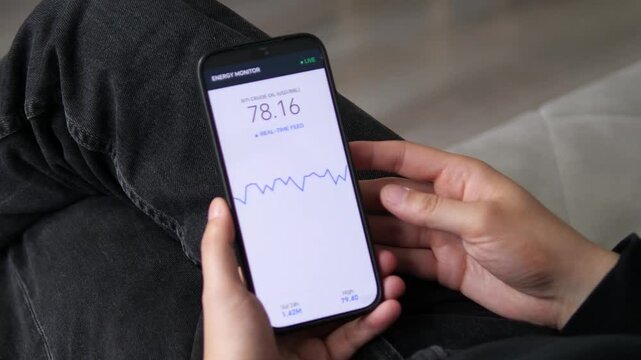 A user monitors the performance of WTI Crude Oil via a mobile energy app, watching the price tick down from 78.20 to 78.18. This sequence underscores the importance of real-time data access 