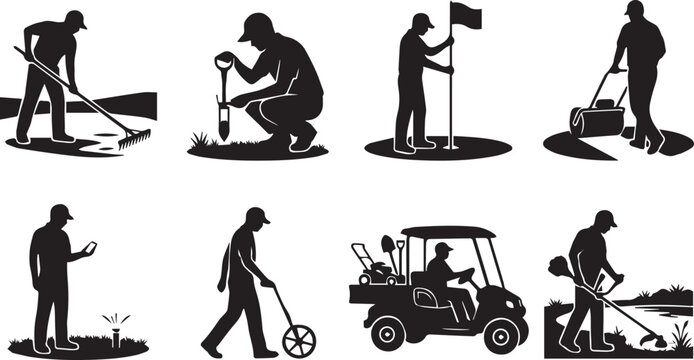 Golf course maintenance and landscaping silhouette icon set featuring greenkeeper workers mowing raking sand traps and repairing turf