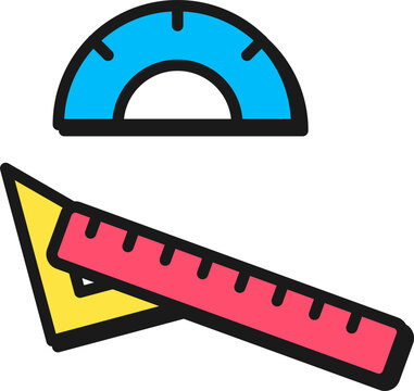 Playful neo-brutalist geometry set icon featuring colorful protractor triangle ruler and straight ruler education concept