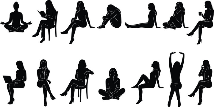 Vector silhouettes of sitting and lounging women in various poses meditating reading using a laptop and relaxing on chairs.