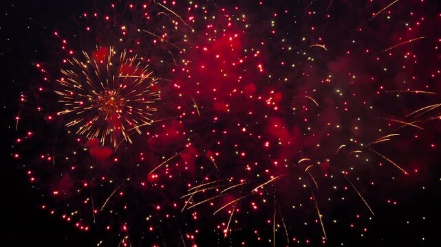 Colorful fireworks display exploding with golden yellow and bright red sparks against night sky