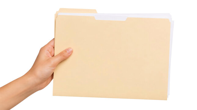 Hand holding beige file folder with white documents isolated on transparent background