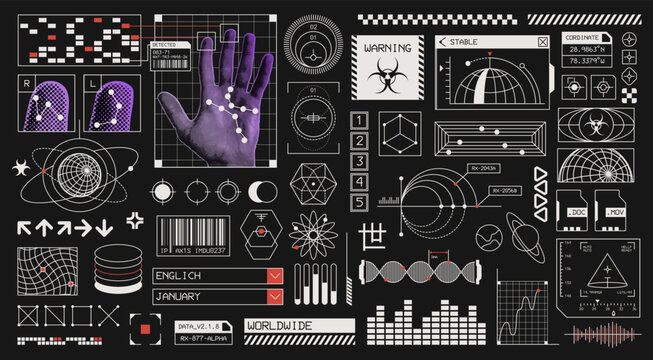 Mega Set of Futuristic UI Elements and Cyberpunk Interface Components, Sci-Fi HUD Shapes, Frames and Micrographic Design Assets for Technology Dashboard Templates.