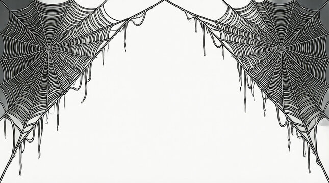 Spider webs frame top corners of image, creating spooky Halloween border with hanging threads and intricate radial patterns.