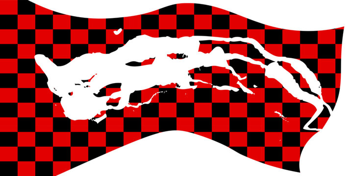 Abstract white paint splash on wavy red and black checkered flag background