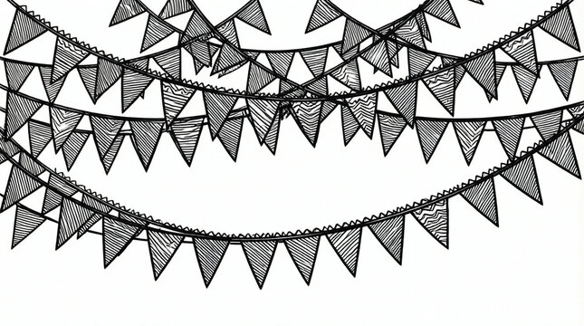 Hand-drawn triangular bunting flags hanging in festive party decoration style