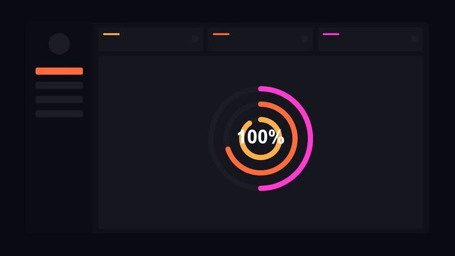 dark mode dashboard with concentric neon radial progress rings, neon orange neon