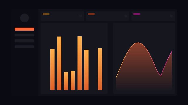dark mode dashboard with a gradient bar chart and an area chart, neon orange neon