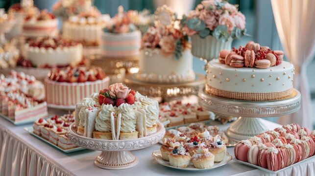 Party table decoration festive styling elegant dessert display premium celebration atmosphere close up event planning theme realistic Multilayer luxury banquet backdrop.